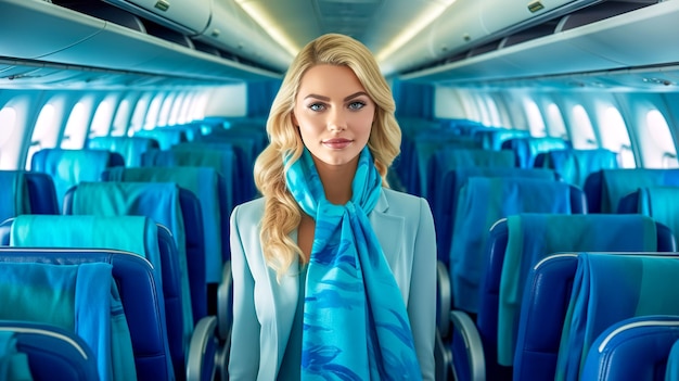 Une belle jeune hôtesse de l'air sur le blue board, l'avion moderne fabriqué avec une IA générative.