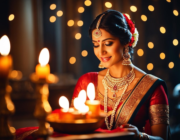 Belle jeune indienne Diwali diyas ou lampe en argile contre des lumières floues modèle femme avec ensemble de bijoux dorés AI Generated Photo