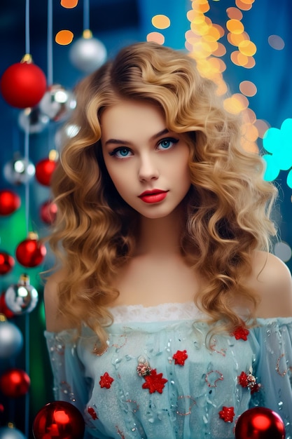 Belle jeune mannequin avec des jouets de Noël dans une robe de cheveux