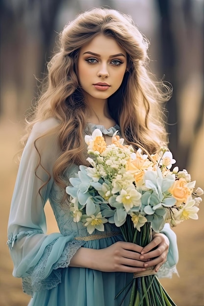 belle jeune mariée en tenue bleue tenant un bouquet de jonquilles photo