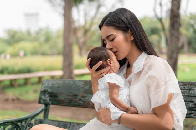 Belle Jeune Mère Asiatique Tenant Son Nouveau-né Dort Et Se Sent Avec Amour Et Toucher Doucement, Puis Assis Sur L'herbe Verte Dans Le Parc