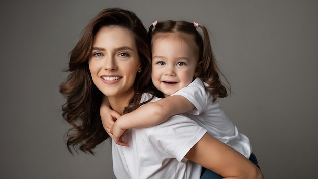 Belle jeune mère brune tient sur le dos sa petite fille mignonne en t-shirts blancs isolée i