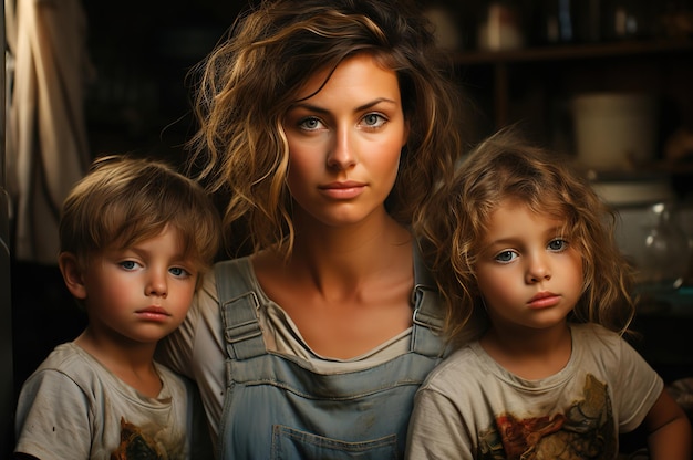 Une belle jeune mère fatiguée avec deux enfants.