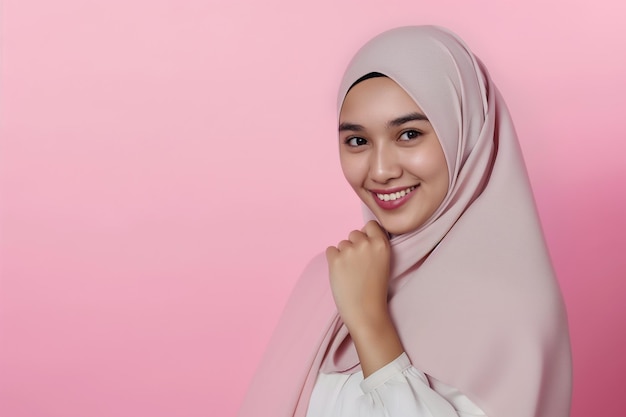 Une belle jeune musulmane portant un hijab souriante et regardant la caméra sur un fond rose pâle