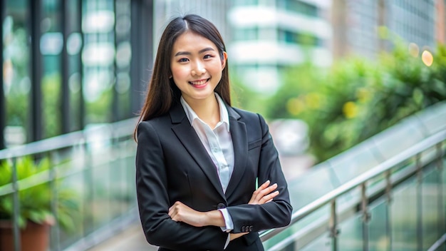 Une belle jeune professionnelle asiatique, une femme d'affaires prospère, en costume noir, souriante et heureuse.