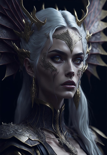 Belle jeune reine dragon royale avec de longs cheveux blond platine soufflés par le vent et des ailes en écailles de dragon