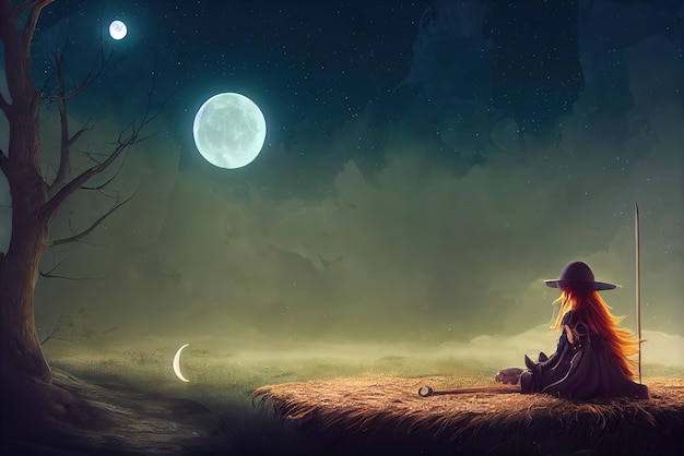 Une belle jeune sorcière est assise sur un balai avec un chat et regarde la lune géante et le ciel nocturne