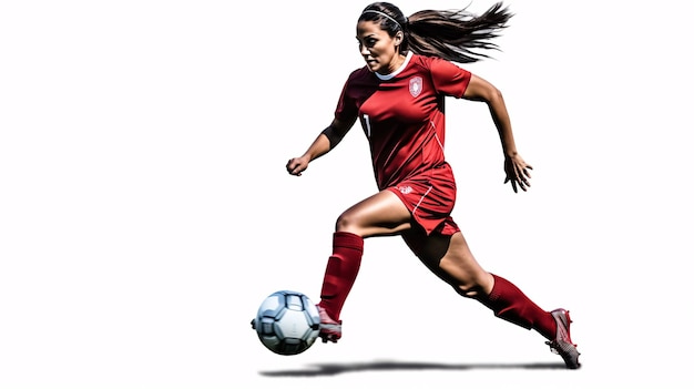 Belle joueuse de football féminine bottant le ballon avec le talon isolé sur fond blanc concept de football femme