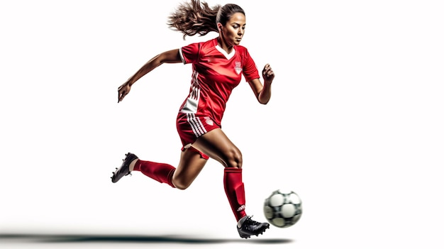 Belle joueuse de football féminine bottant le ballon avec le talon isolé sur fond blanc concept de football femme