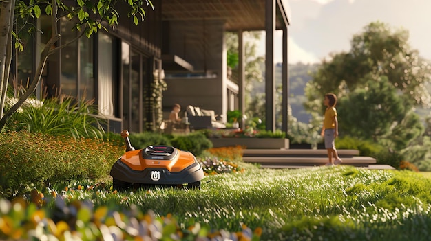 Une belle journée ensoleillée dans l'arrière-cour Une tondeuse à gazon robotique coupe l'herbe tandis qu'un enfant joue à proximité et un couple se détend sur le patio