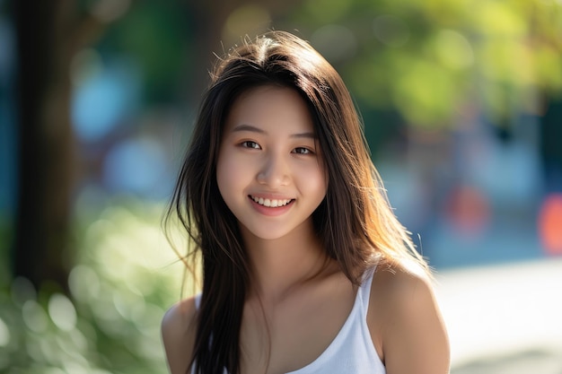 Une belle et joyeuse jeune dame asiatique profite de la nature en tenue décontractée.