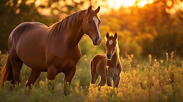 Une belle jument brune qui nourrit et enseigne à son petit poulain AI Generative