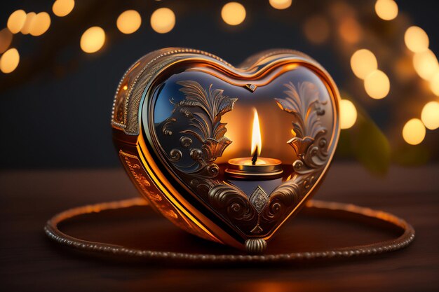 Une belle lampe à huile traditionnelle en forme de cœur sur une surface réfléchissante Generative AI_13