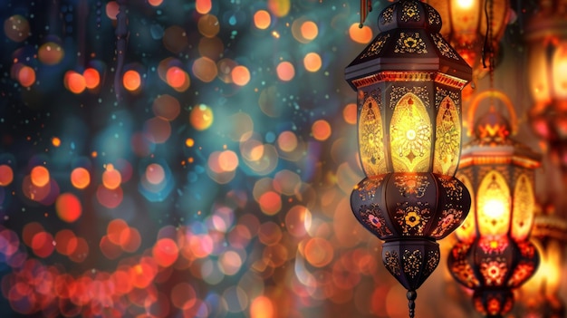 Belle lampe de lanterne de ramadan concept d'arrière-plan avec un espace vide image générée par l'IA