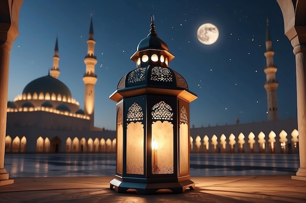 Belle lanterne arabe avec des lumières de lune de mosquée décoration du Ramadan sur fond islamique