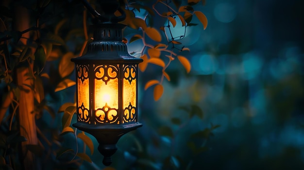 Une belle lanterne est accrochée à une branche d'arbre jetant une lueur chaude dans la nuit