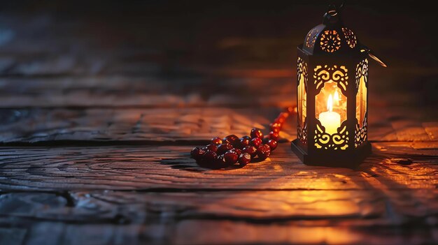 Une belle lanterne illuminée est posée sur une table en bois à côté d'une chaîne de perles de prière.