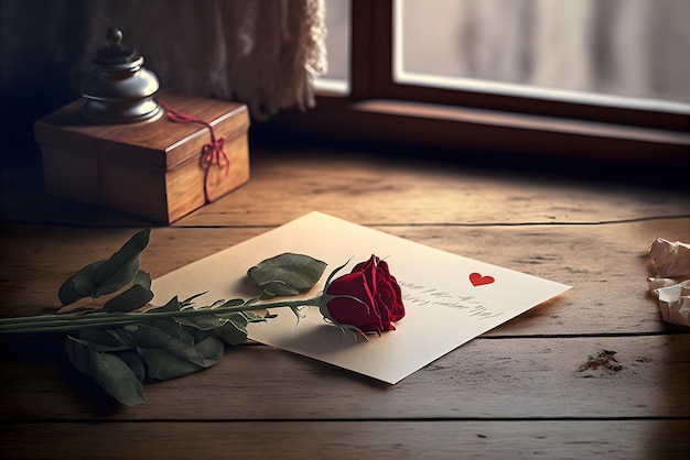 Photo une belle lettre de saint-valentin écrite à la main avec une rose sur une table rustique