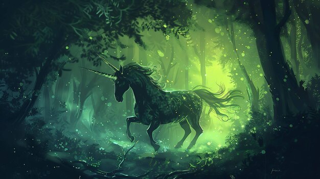 Photo une belle licorne éthérée avec de longs cheveux flottants se tient dans une forêt magique la licorne est noire avec des reflets verts et une corne brillante