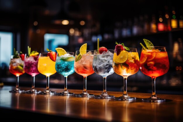 Photo belle ligne de cocktails alcoolisés colorés dans un bar de boîte de nuit