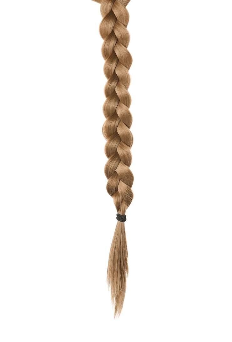 Photo belle longue tresse sur fond blanc cheveux sains