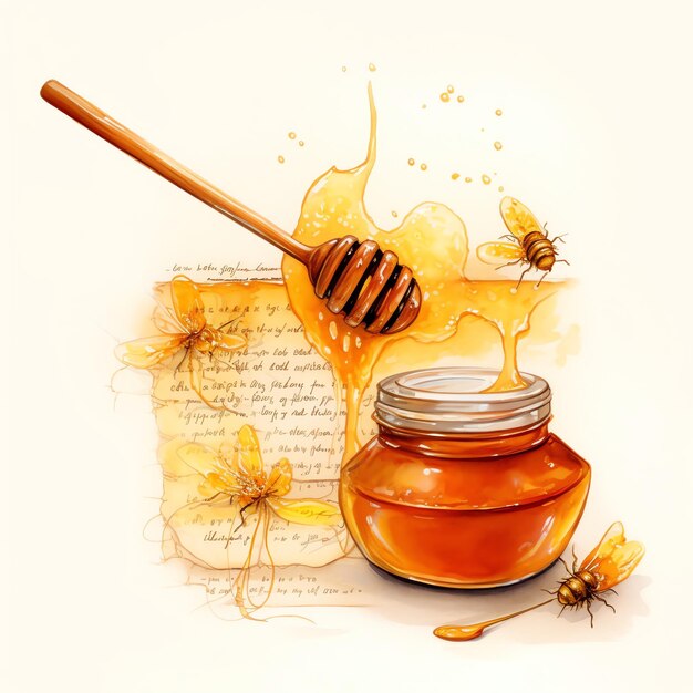 Photo belle louche de miel et illustration de clipart aquarelle de recette manuscrite