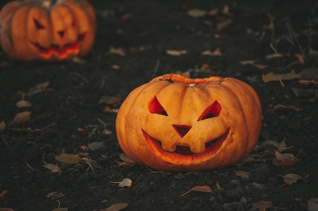 Belle lueur souriante orange drôle de visage citrouilles sculptées pour les vacances d'Halloween en plein air de jour