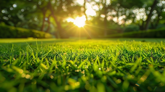 belle lumière du matin dans un parc public avec un champ d'herbe verte et une perspective de plante d'arbre vert frais pour copier l'espace polyvalent
