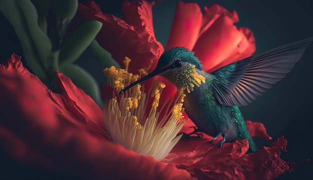 Belle macro photographie d'un colibri se nourrissant d'une fleur d'hibiscus gros plan colibri perché sur une fleur