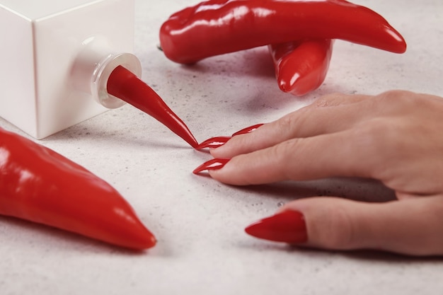 Photo belle main féminine avec manucure longue rouge, fond blanc, piment rouge. extension des ongles. manucure, salon de spa. créatif, publicitaire.