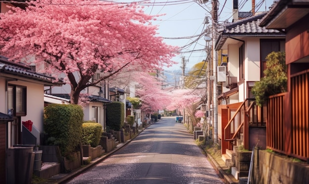 belle maison asiatique avec une fleur de sakura rose