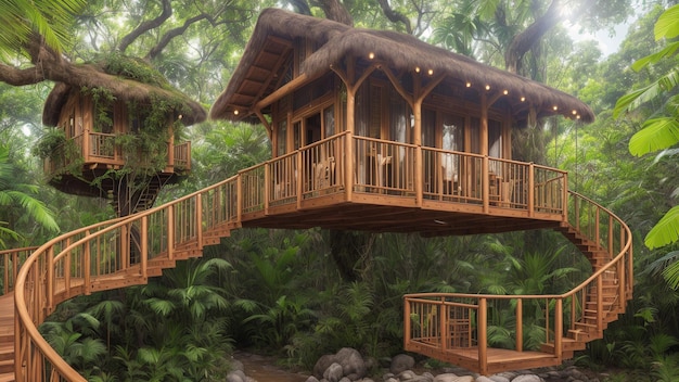 Une belle maison en bois avec un escalier en colimaçon menant à un balcon AI Generative