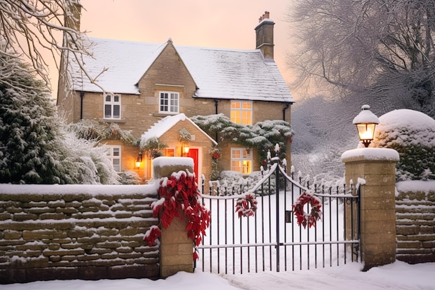 Belle maison de campagne décorée pour Noël un jour d'hiver enneigé vacances et célébration générative ai