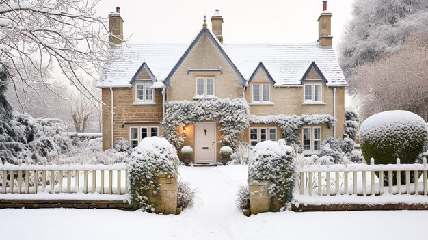 Belle maison de campagne décorée pour Noël lors d'une journée d'hiver enneigée et de célébration générative post-traitée ai