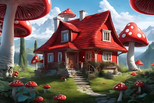 Photo belle maison de champignons rouges avec porte et fenêtre ultra hd couleurs vives réalistes très détaillées