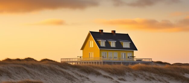 Photo belle maison de couleur jaune typique sur la plage avec vue sur la mer pendant le coucher de soleil coloré