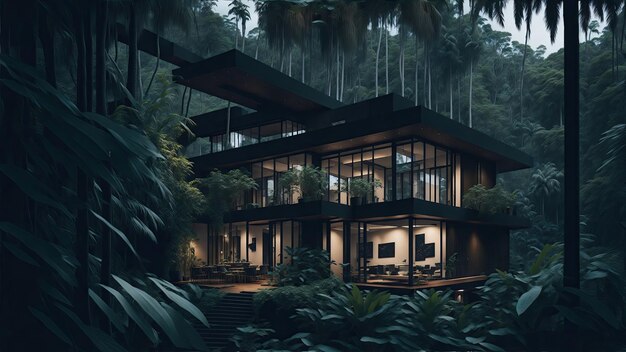 Une belle maison dans le style du modernisme tropical à l'intérieur d'une forêt et pleine d'arbres et de plantes