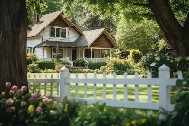 Une belle maison est entourée d'une charmante clôture en bois complétée par une pelouse verdoyante La photo...