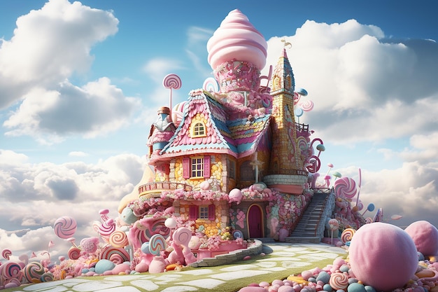 Belle maison faite de bonbons colorés au-dessus des nuages comme un pays des fées