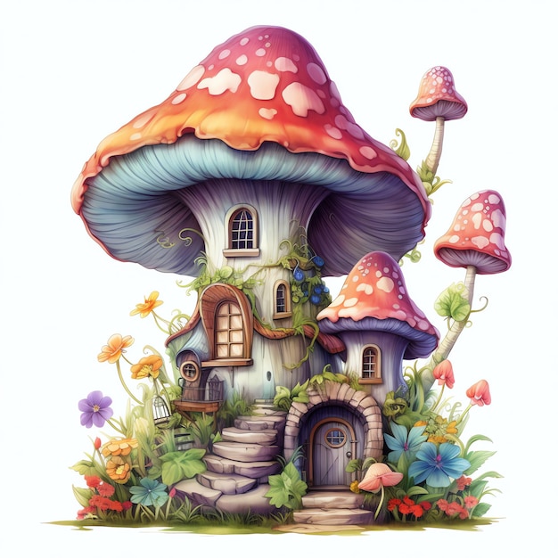belle maison de fée nichée parmi les champignons géants aquarelle fantaisie clipart de conte de fées