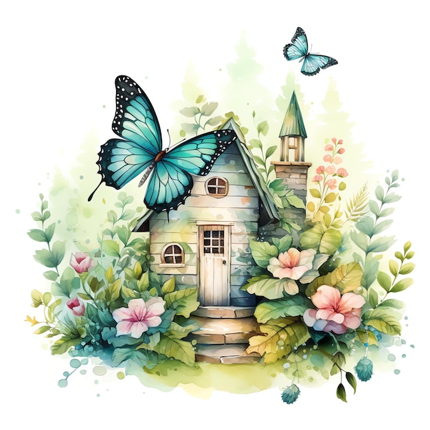 belle maison de la forêt des fées aquarelle fantaisie illustration de clipart de conte de fées