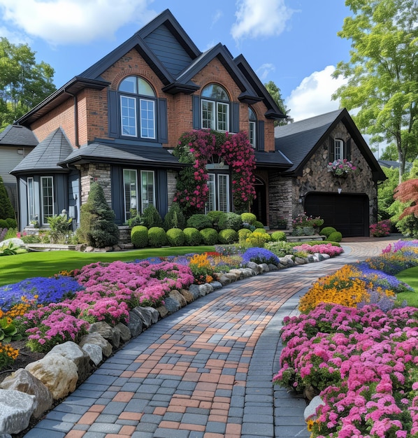 Une belle maison avec une passerelle en briques et des fleurs colorées