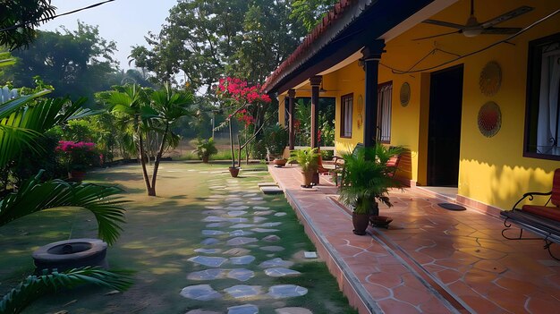 Photo une belle maison avec une pelouse verte luxuriante et des plantes tropicales la maison a un extérieur jaune et une porte rouge