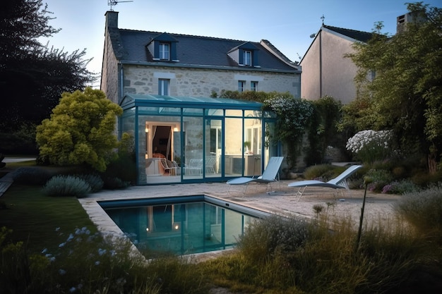 Belle maison en pierre de style français avec véranda et piscine générative ai