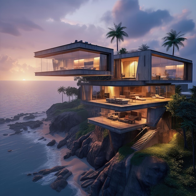 Belle maison de rêve futuriste près de la mer