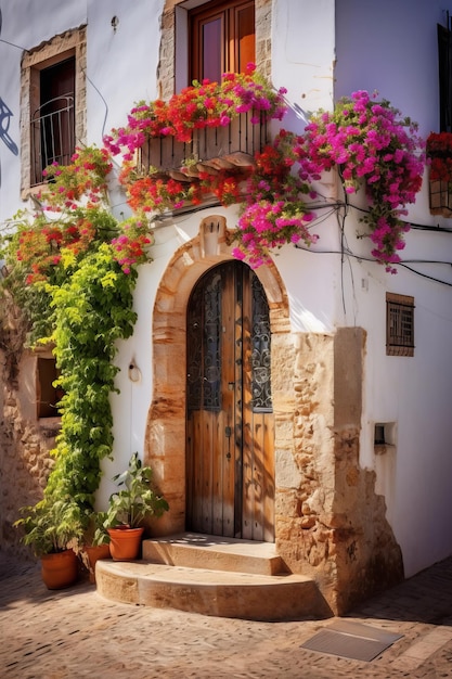 Une belle maison de style espagnol avec une porte en bois et des fleurs colorées