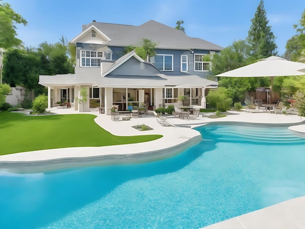 Belle maison de style moderne avec une piscine dans la cour Arrière-cour de luxe au coucher du soleil la piscine