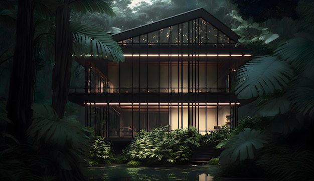 Une belle maison de style modernisme tropical dans une forêt générative aiUne belle maison de style modernisme tropical dans une forêt générative ai