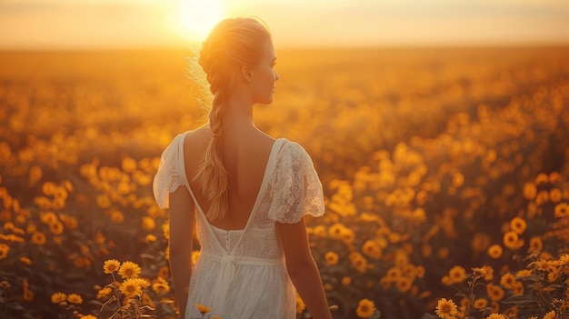 Une belle mannequin adolescente qui court sur le champ de printemps en robe blanche et à la lumière du soleil