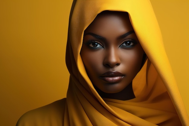 Belle mannequin afro-américaine sensuelle avec du maquillage et portant un foulard jaune regardant le portrait de la caméra